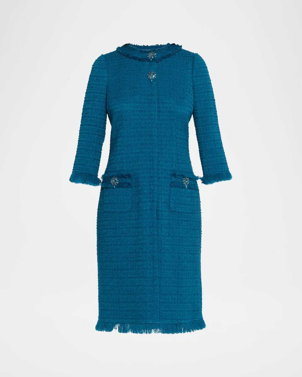 Fringe-Trim Stretch Boucle Dress